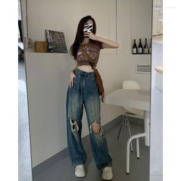 Women's Jeans 2023 Spring And Summer Fashion Painted Spot Punctured Design Sense Of High Waist Loose Wide Leg Pants