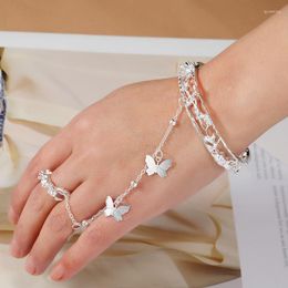 Link Bracelets Vintage Silver Colour Butterfly Bracelet For Women Rose Flower Bangles Tassel Chain Finger Ring Jewellery Accessories