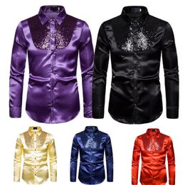 Men's Dress Shirts Formal Men Slim Ball Wedding Luxury Silk-Like Satin Long Sleeve Dress Shirts/TOPS Sequins Disco Dance Shirt S-XXL 230710