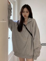 Womens Hoodies Sweatshirts Deeptown Korean Fashion Grey Oversized Women Harajuku Zip Up Hoodie Vintage Loose Casual Polo Collar Pullover Tops 230710