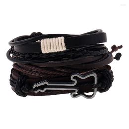 Bangle Alloy Vintage Guitar Genuine Leather Men's Bracelet Handmade Braid Rope Chain Multi-layer Punk Boyfriend Gifts 3pcs/set