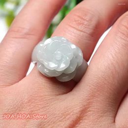 Cluster Rings Flower Ring Natural-Jade Women Jewellery Genuine Burma Jades Stone Emerald Rose-Ring Real Jadeite Handrings Fine Jewellery