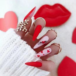 False Nails 3D Matte Fake Set Long French Pointed Tips Red Heart For Valentine's Day Faux Ongles Press On Acrylic Nail Supplies