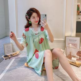 Women's Sleepwear Green Print Nightgown Women Cotton Nightdress Lace Trim Sleep Dress Sexy V-neck Female Casual Nightwear Home