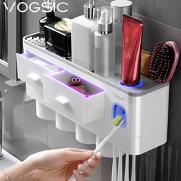 Toothbrush Holders VOGSIC Holder Storage Rack With Cup Automatic Toothpaste Dispenser Wall Toiletries For Home Bathroom Accessories Set 230710