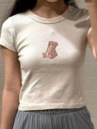 Women's T Shirts Casual Women Soft Cotton Beige Slim Tees 2023 Summer Fashion Ladies Vintage O Neck Short Sleeves Female Bear Printed Tops