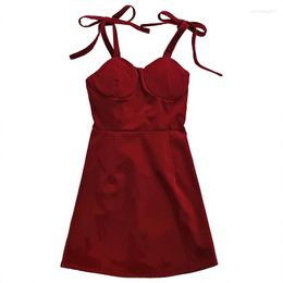 Casual Dresses Summer French Temperament Wine Red Frosted Surface Bow Tie Waist Slim Suspender Dress