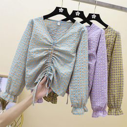 Women's Blouses Women 2023 Spring Autumn Fashion Plaid Long-sleeved Shirts Female V-neck Short Ladies Drawstring Loose V940