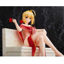 Action Toy Figures 15CM Anime Figure Sabre Fate Stay Night Sexy Red Ribbon Rose Flower Sitting Pose Model Dolls Toy Gift Collect Boxed
