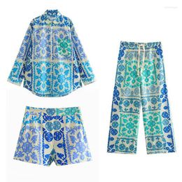 Women's Two Piece Pants Blue Casual Floral Printed Blouses And Shorts Sets Women Tracksuits Summer Three Outfits Clothes