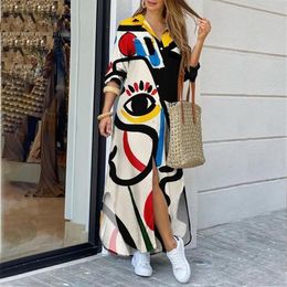 Basic Casual Dresses Boho Dress Single Breasted Button Irregular Long Dresses Women Sundress Sexy Turn-down Collar Face Print Maxi Dress Vestido 230710