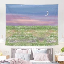 Tapestries Pink Moon Tapestry Hanging Cloth Background Canvas Oil Painting Dream Moon Bedroom Living Room Decoration Tapestry R230710