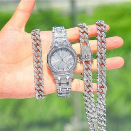 Strands Iced Out Men Necklace +watch+bracelet Miami Curb Cuban Link Chain Paved Rhinestones Hip Hop Jewellery 230613