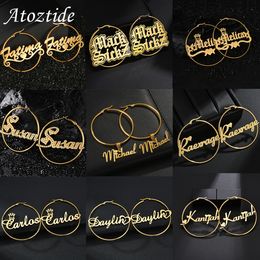 Hoop Huggie Atoztide Personalised 50mm Custom Name Earrings For Women Stainless Steel Heart Crown High Quality Weddings Party Jewellery Gift 230710