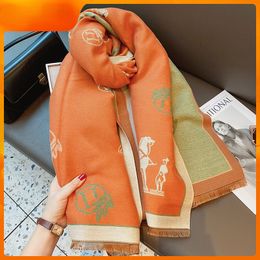 Scarves Western Style Orange White Thickening Warm Scarf Women's Winter New Retro Carriage Cashmerelike DualUse Shawl Scarfs Allmatch