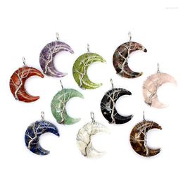 Pendant Necklaces Crescent Moon Natural Crystal Wire Wrapped Chips Quartz Stone Charms Reiki Healing Pendants For Women Handmade