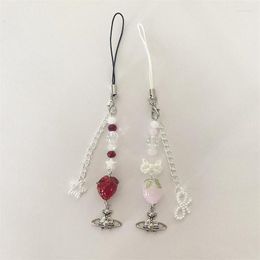 Keychains Pink & Red Strawberry Phone Charm Keychain Mobile Chain Nana Inspired Bow Stars Pearl Handmade Coquettish Y2k