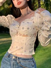 Women's Blouses 2023 Women Summer Elegant Bodycon Chic Mini Beach Sexy Party Floral Blouse Female Lace Korean Boho Holiday Chiffon