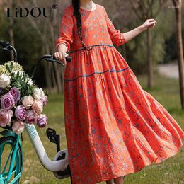 Casual Dresses 2023 Spring Autumn Floral Printing Maxi Dress Women Round Neck Long Sleeve Pleated Large Skirt Hem Loose Vintage