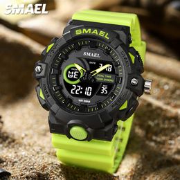 SMAEL Electronic Digital Watch Men Miitary Sport Dual Time Display Quartz Watch with Chronograph Neon Green Strap Auto Date 8081