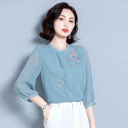 Women's Blouses Chiffon Shirt Female Spring And Summer 2023 Lady Temperament Lantern Sleeve Embroidered Pleats Aimedian O Neck Pink Top