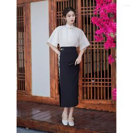 Ethnic Clothing 2023 Improved Qipao Suit One Button Short Sleeve Shirt Half Skirt Two Piece Set Traditional Chinese Vintage Hanfu Cheongsam