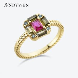 ANDYWEN 925 Sterling Silver Gold Clear CZ Square Olive Rose Red Ring Big Band 2022 Women Wedding Jewellery 2022 Crystal CZ