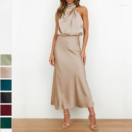 Casual Dresses 2023 Spring Summer Women Satin Dress Solid Color TANK Sleeveless Irregular Halter-neck A-LINE Sexy Party