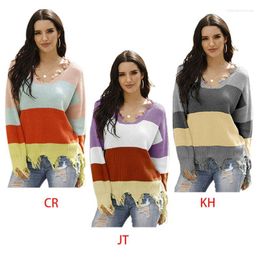 Women's Sweaters Women Long Sleeve V-Neck Sweater Ribbed Knit Colour Block Striped Ripped Tops N7YE