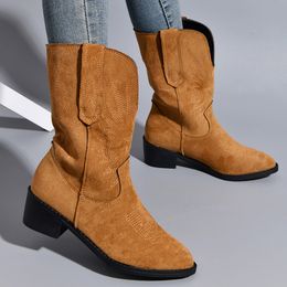 Western Style Vintage Cowboy Boots for Women Embroidered Thick Heels Knight Boots Woman 2023 Autumn Slip-On Mid Calf Botas