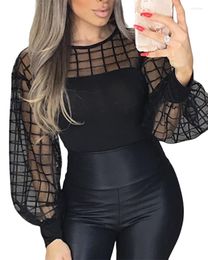 Women's Blouses Women Fashion Black Patchwork Sheer Shirt Female Long Sleeve Top Oversize Brief Grid Mesh Yoke Plus Size Casual Blouse