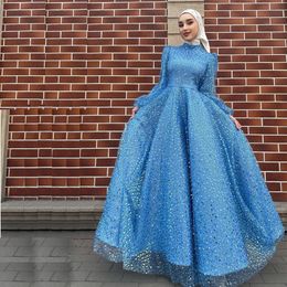 Luxurious Beading Muslim Prom Dresses Sequin A Line Arabic Dubai Evening Party Gown High Neck Puffy Sleeve Islam Womens Formal Dress 407