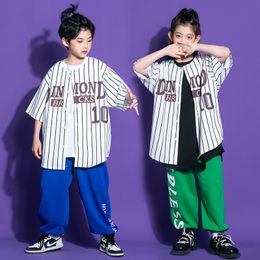 Jerseys Boys Summer Hip Hop Clothing Striped Baseball Cardigan Shirt Top Sweat Pants Kids Streetwear Teenager Girls Jazz Dance Costume 230707