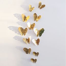 3D Wall Panel 12PcsSet Sticker Hollow Butterfly Silver Gold Wedding Decoration Home Living Room Decor Butterflies Decal Stickers 230707