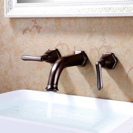 Bathroom Sink Faucets Wholesale And Retail Brown Bronze Brass Wall Mounted Basin Faucet Double Handle Mixer Tap & Cold Water