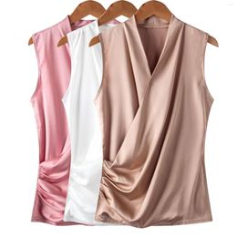 Women's Blouses 2023 Summer Plus Size S- 3XL Women Tops Sleeveless V Neck Blouse Elegant Sexy Silk Ladies T-Shirts Brand Clothes KE3990