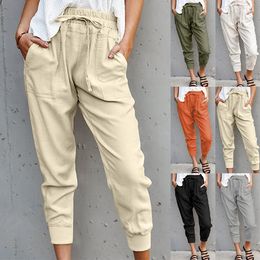 Summer New Capris Cotton Linen Solid Colour Simple Lace up Casual Women's Pants Slim Fit Slim Slim-fit Trousers