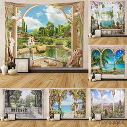 Tapestries Tapestry Background With Clips Beautiful Nature Scenery Sea Ocean Tree Terrace Landscape Hanging ClotBedroom Personality R230710