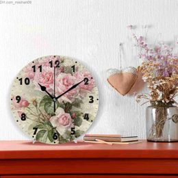 Wall Clocks Vintage Sabi Unique Pink Flower Round Clock No Tick Silent Battery Operation Quiet Desktop Clock Art Home Decoration Z230710