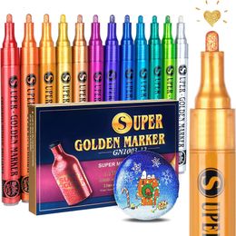 Painting Pens 12 Colours Golden Metallic Acrylic Paint Pens Glitter Markers for Rock Painting Ceramic Glass Wood Fabric Canvas Mugs DIY Crafts 230710