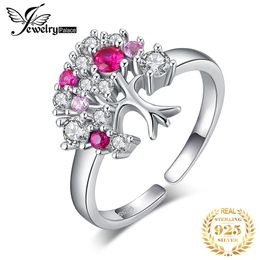 JewelryPalace Tree Of Life Created Red Ruby 925 Sterling Silver Open Adjustable Ring for Women Gemstone Jewellery Cocktail Ring