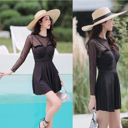 Women's Swimwear One-Piece Swimsuit Long Sleeve Skirt Women Solid Black Sling With Cover Up Monokini High Neck Bathing Suit Korean Style