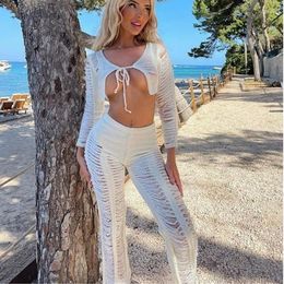 Women's Two Piece Pants Sexy Ripped Sets Women Outfits Y2K Streetwear 2023 Ladies Summer Tie Up Long Sleeve Knit Cardigan Pant 2PC Set