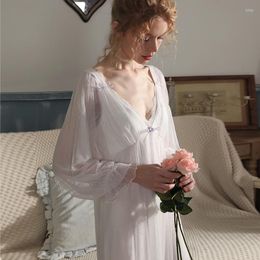 Women's Sleepwear Summer Ultra-thin Nightgown Gauze V-neck With Chest Pad Long Nightdress Lace Full Sleeve Sexy Fashion Female