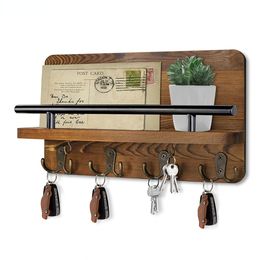 Bathroom Shelves Key Holder Wall Mounted Mail Hanging Hooks Wooden Decorative Shelf Rustic Home Decor Decoratie Woonkamer Accessories 230710