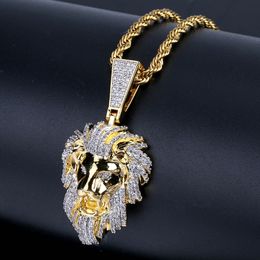 Hip Hop Lion Head Pendant Necklace TopBling Men's 14k Gold with Charm Rope Chain