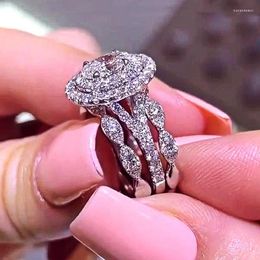 Cluster Rings 2 Pcs Silver Colour Ring Set With Bling Zircon Stone For Women Wedding Engagement Fashion Jewellery Trend 2023