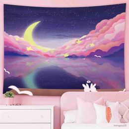 Tapestries Cute Moon Tapestry for Teen Girl Preppy Room Decor Aesthetic Wall Tapestry Hanging Moon and Star Black Light Tapestry R230710