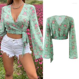 Women's Blouses 2023 Women Fashion Floral Print Green Wrap Crop Blouse Vintage Cross V Neck Hem Lace Up Summer Ladies Tops