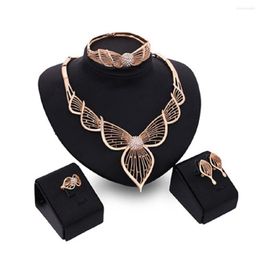 Necklace Earrings Set 4Pcs Princess Jewelry KC Gold-color Hollow Butterfly Bowknot Bangle Ring Earring Wedding Bijoux Femme